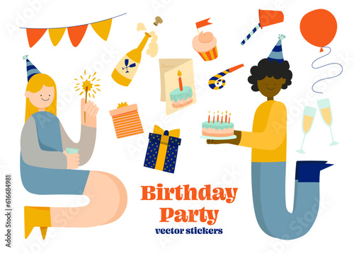Quirky illustration couple celebrating birthday party with food, drinks and presents, editable vector
