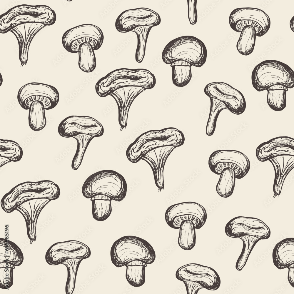 Seamless pattern with mushrooms. Background design for gift packaging or package. Hand drawn vector illustration of mushrooms on beige. Seamless pattern with mushrooms. Background design for gift packaging or package. Hand drawn vector illustration of mushrooms on beige.
