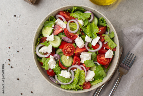 salad with fresh vegetables and cheese on the table, culinary background