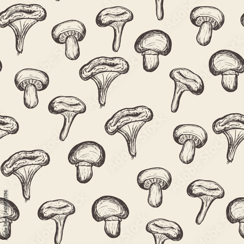Seamless pattern with mushrooms. Background design for gift packaging or package. Hand drawn vector illustration of mushrooms on beige.