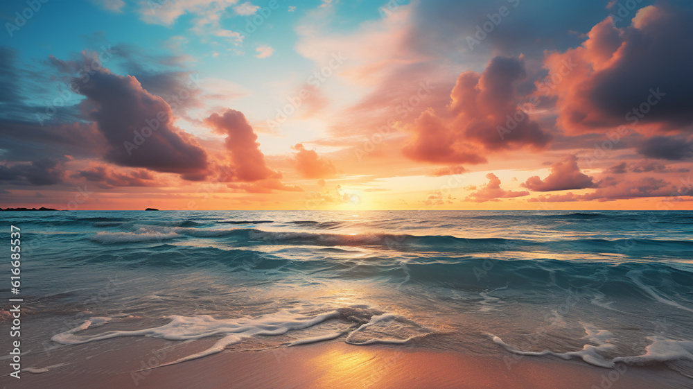 Closeup sea sand beach. Panoramic beach landscape. Inspire tropical beach seascape horizon. Orange and golden sunset sky calmness tranquil relaxing sunlight summer mood. Generative AI