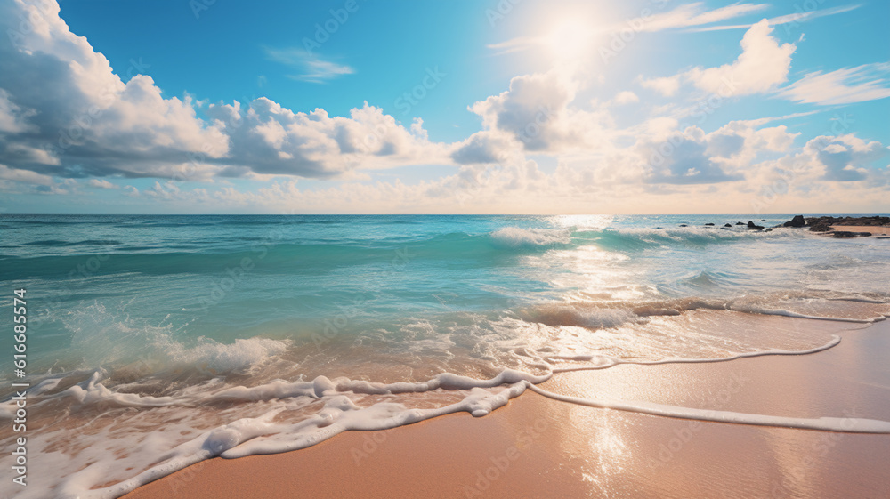 Closeup sea sand beach. Panoramic beach landscape. Inspire tropical beach seascape horizon. Orange and golden sunset sky calmness tranquil relaxing sunlight summer mood. Generative AI