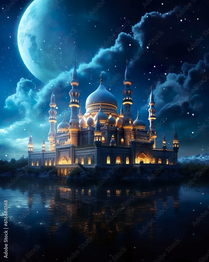 Beautiful mosque at the night with milkway sky. Big moon. To celebrate islamic day. Adha, fitr, ramadhan, isra mi'raj, islamic new year day. 