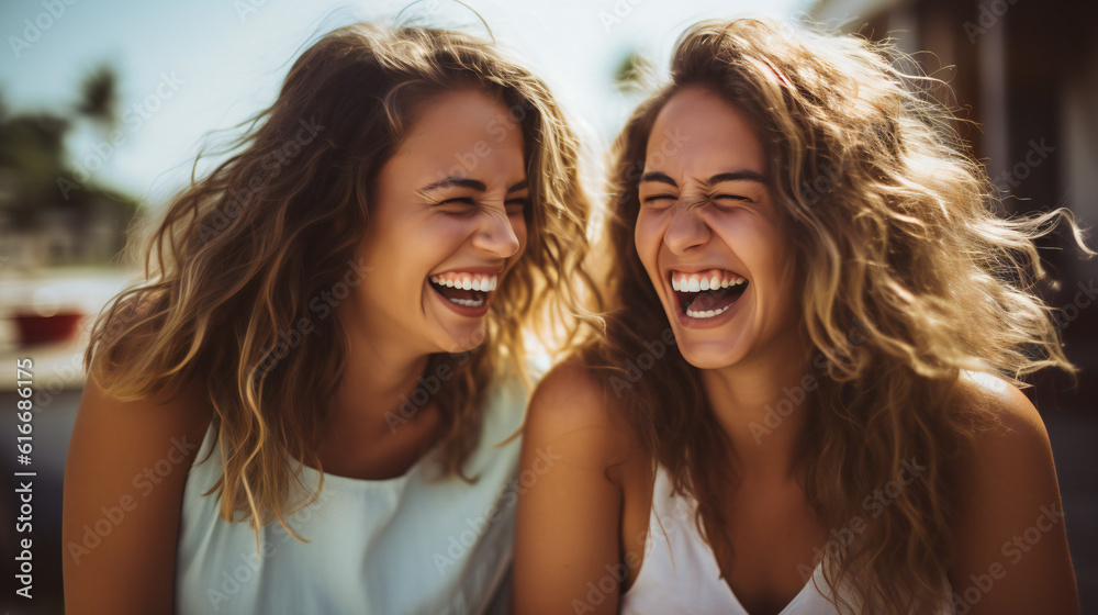 Two Girlfriends enjoying and laughing Two Girlfriends enjoying and laughing