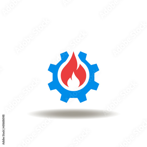 Vector illustration of gear and fire flame. Symbol of fire prevention and protection. Icon of firefighter service.