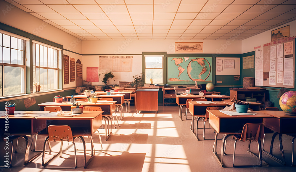 School classroom with desks, blackboard and world map. Back to school. Generative ai.