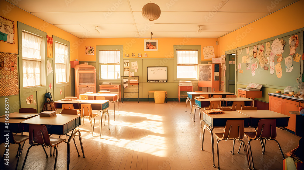 School classroom with desks, blackboard and school supplies. Back to school. Generative ai.