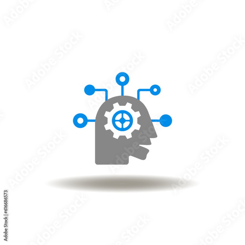 Vector illustration of head with gear wheel and circuit pattern. Symbol of AI mind. Icon of positive or critical thinking. Sign of machine learning.