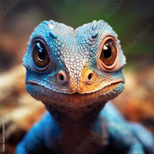 Close up view of a baby dinosaur watching closely into the camera 