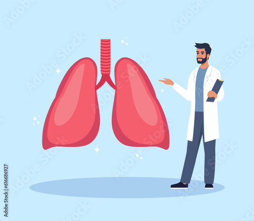 Doctor gives a training lecture about anatomy. Doctor presenting human lungs infographics. Medical seminar, lecture, healthcare meeting concept. Vector illustration.