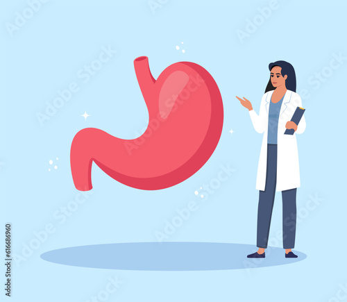 Doctor gives a training lecture about anatomy. Doctor presenting human stomach infographics. Medical seminar, lecture, healthcare meeting concept. Vector illustration.