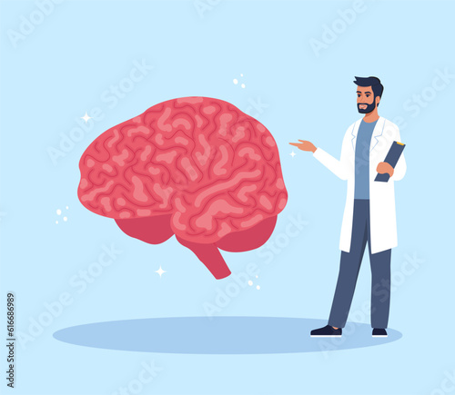 Doctor gives a training lecture about anatomy. Doctor presenting human brain infographics. Medical seminar, lecture, healthcare meeting concept. Vector illustration.