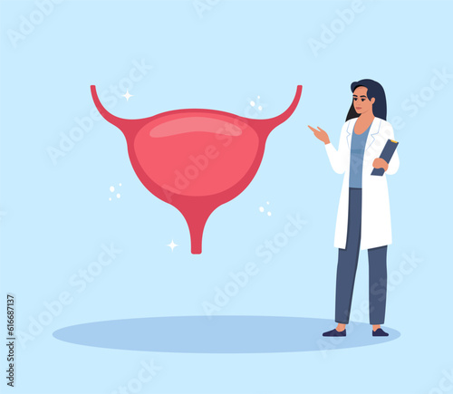Doctor gives a training lecture about anatomy. Doctor presenting human bladder infographics. Medical seminar, lecture, healthcare meeting concept. Vector illustration.