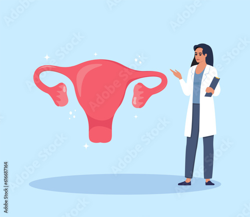 Doctor gives a training lecture about anatomy. Doctor presenting human uterus infographics. Medical seminar, lecture, healthcare meeting concept. Vector illustration.