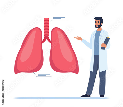 Doctor gives a training lecture about anatomy. Doctor presenting human lungs infographics. Medical seminar, lecture, healthcare meeting concept. Vector illustration.