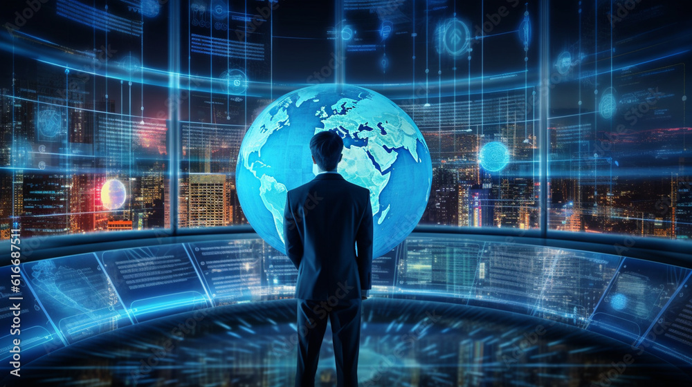 Fototapeta premium businessman holding an augmented reality screen in his hands, brain style, shaped canvas, internet academy, language based, bokeh, precision, human connection, generative ai