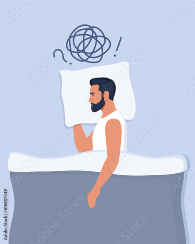 Young man lies in bed and suffers from insomnia, depression, unresolved problems. Man surrounded by stream of anxious thoughts. Mental health, life crisis. Vector illustration.