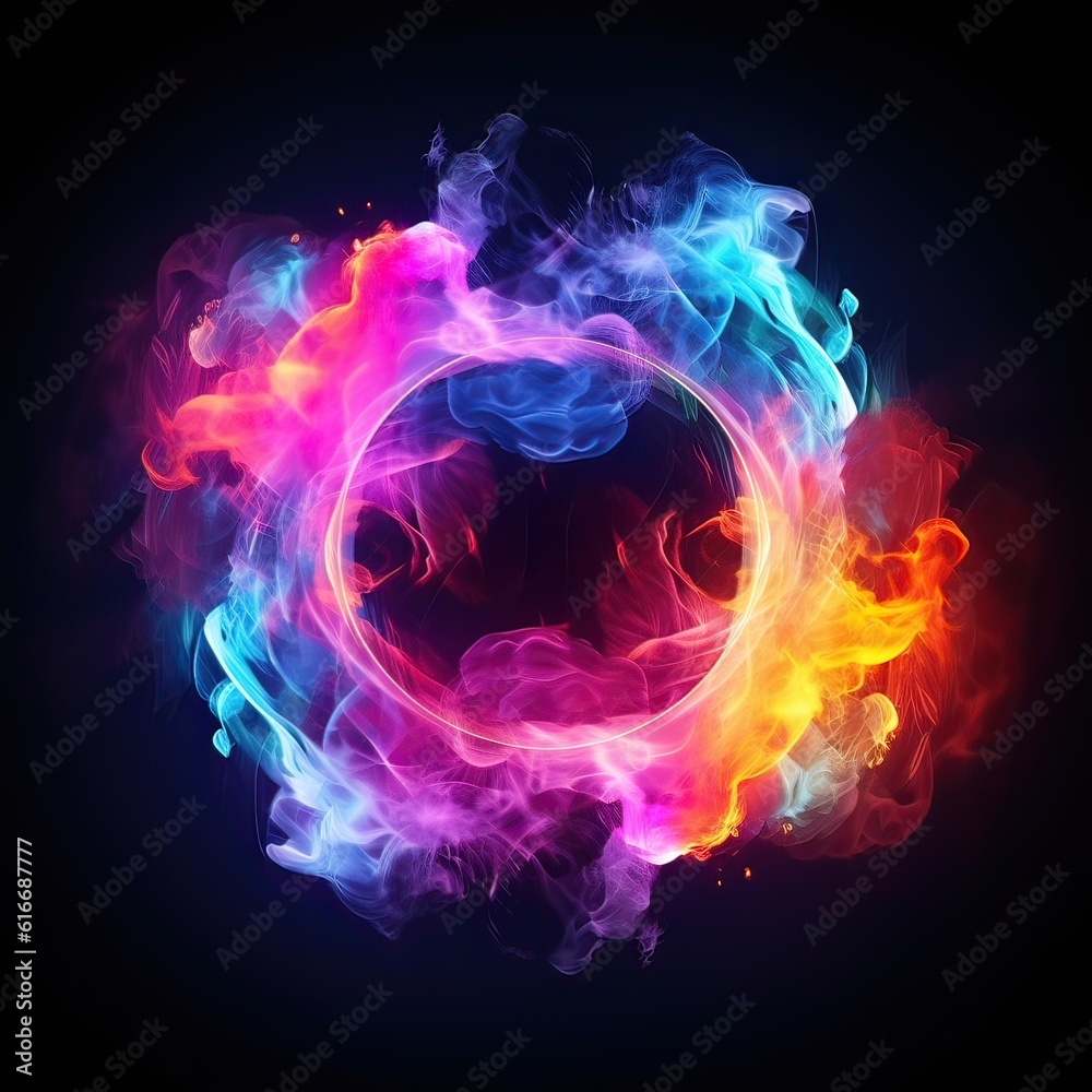 Generative AI illustration of neon smoke exploding outwards with empty center. Dramatic smoke or fog effect for spooky, hot lighting ring circle Generative AI illustration of neon smoke exploding outwards with empty center. Dramatic smoke or fog effect for spooky, hot lighting ring circle