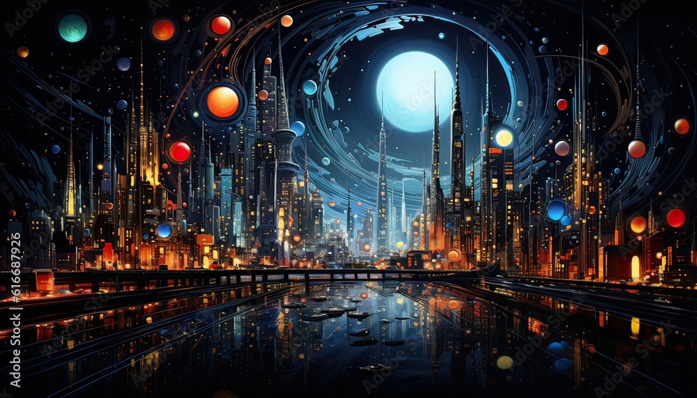 Generative AI illustration of a city inside a black hole, swirling vortex, vibrant and surreal, twilight, digital art, cubism and surrealism, vibrant and contrasting, dramatic lighting Generative AI illustration of a city inside a black hole, swirling vortex, vibrant and surreal, twilight, digital art, cubism and surrealism, vibrant and contrasting, dramatic lighting