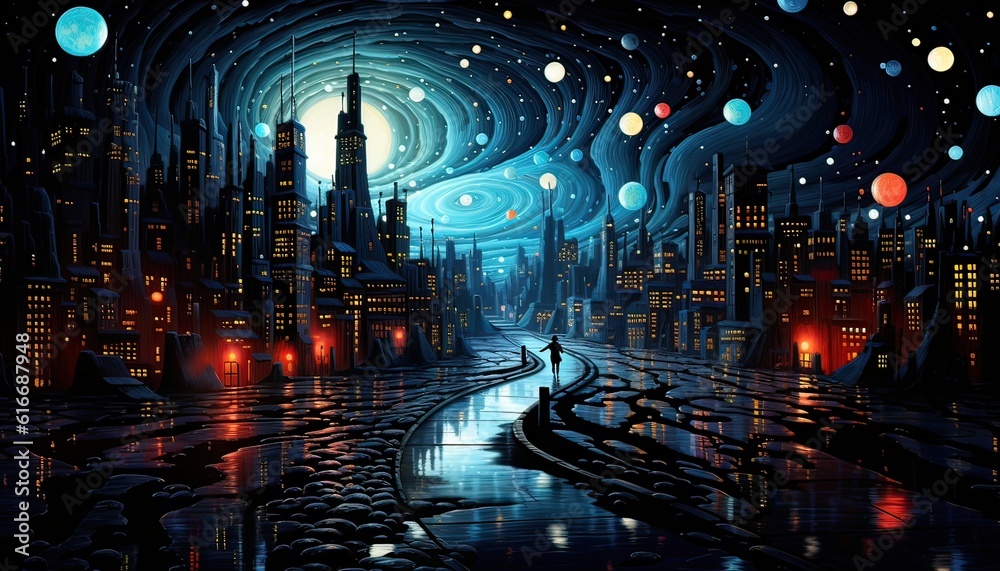 Generative AI illustration of a city inside a black hole, swirling vortex, vibrant and surreal, twilight, digital art, cubism and surrealism, vibrant and contrasting, dramatic lighting