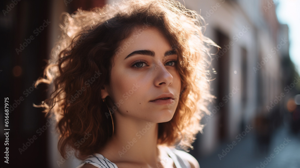 Fototapeta premium Woman Female Face Street Style Portrait Close Up Photo Digital Generated Realistic Modern Trendy Illustration Artwork Background