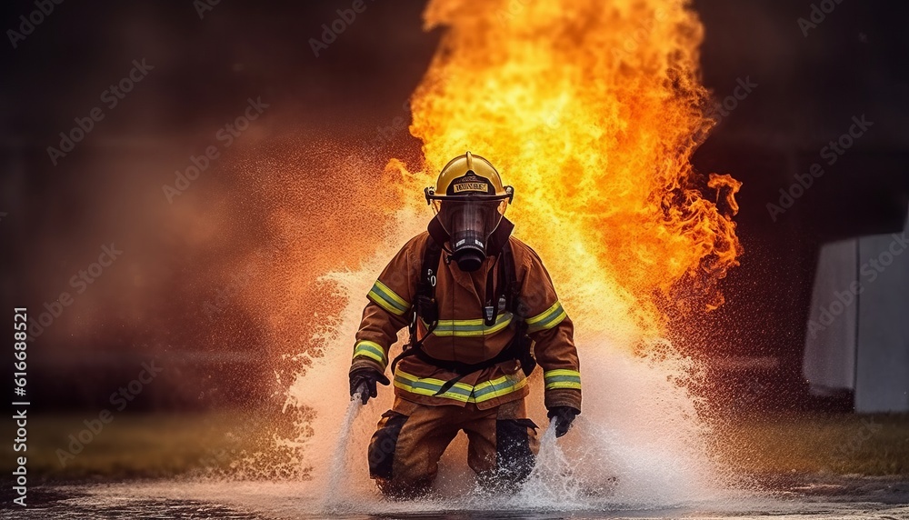 firefighter training., fireman using water and extinguisher to fighting ...