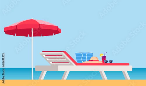 Beach umbrella and Sun lounger. Sunbed with parasol at sand beach. Summer tropical resort with private chaise-longues at seacoast. Sun bed and beach elements. Vector illustration.
