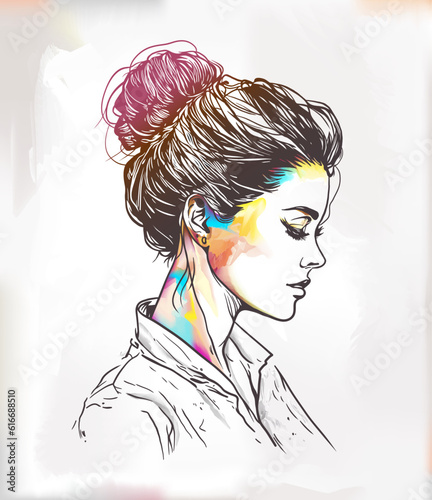 Beautiful woman with messy bun hairstyles line art with colorful artistic brushstroke
