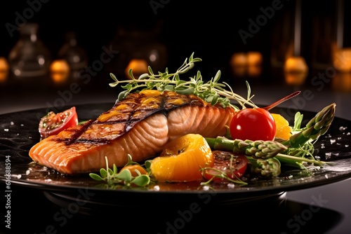 Platter of grill salmon. Created with Generative AI Technology