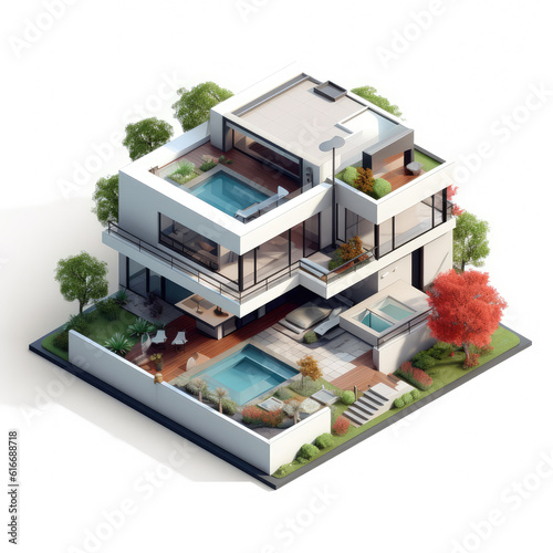  Isometric 3D outdoor architecture, modern cottage house, real estate concept. Ai generated