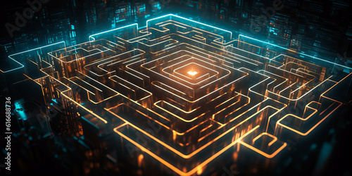 Captivating digital illustration of a glowing geometric labyrinth, symbolizing problem-solving complexity and decision-making challenges. Emotionally striking art piece! Generative AI