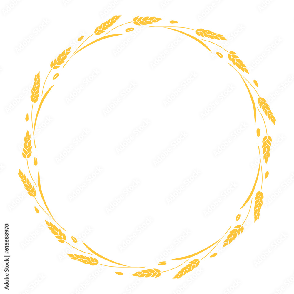 Round frame made of golden wheat or rye ears. Vector autumn wreath, border hand drawn in flat style, isolated on white background