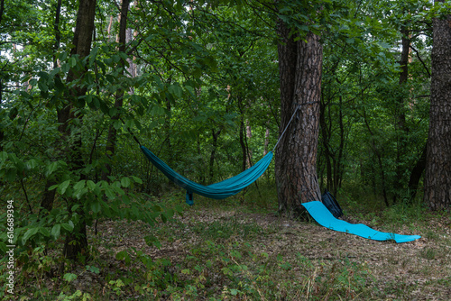 Camping hammock on the trees in the forest. Karemat under a tree. Camping. Camping, hiking in the mountains