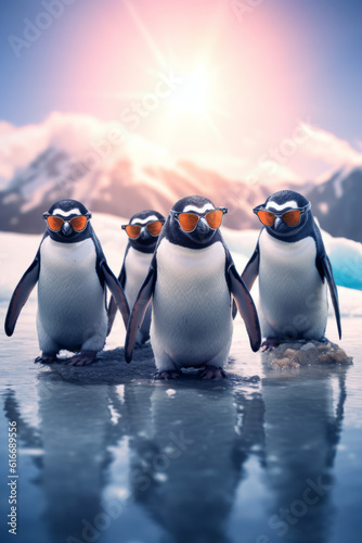 Cool penguines with sun glasses in an antartica landscape