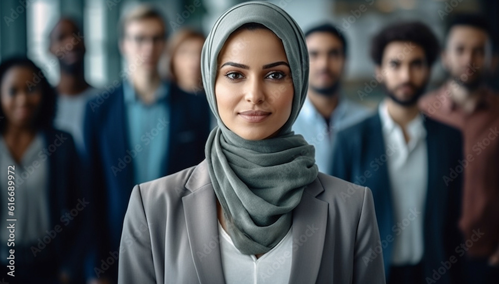 Successful muslim business woman smiling confident with arms crossed female manager in office. Blurred team behind her on the background. Teamleader, Muslim boss concept. Powrful woman Successful muslim business woman smiling confident with arms crossed female manager in office. Blurred team behind her on the background. Teamleader, Muslim boss concept. Powrful woman