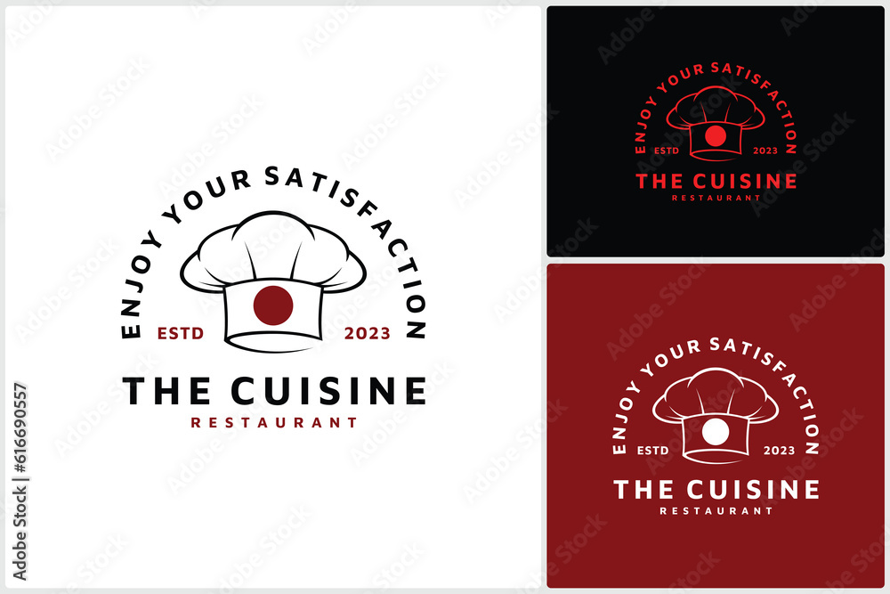 Chef Hat Combination with Red Circle Like Sun Japan Logo Icon, Chef Hat Vector Design Template