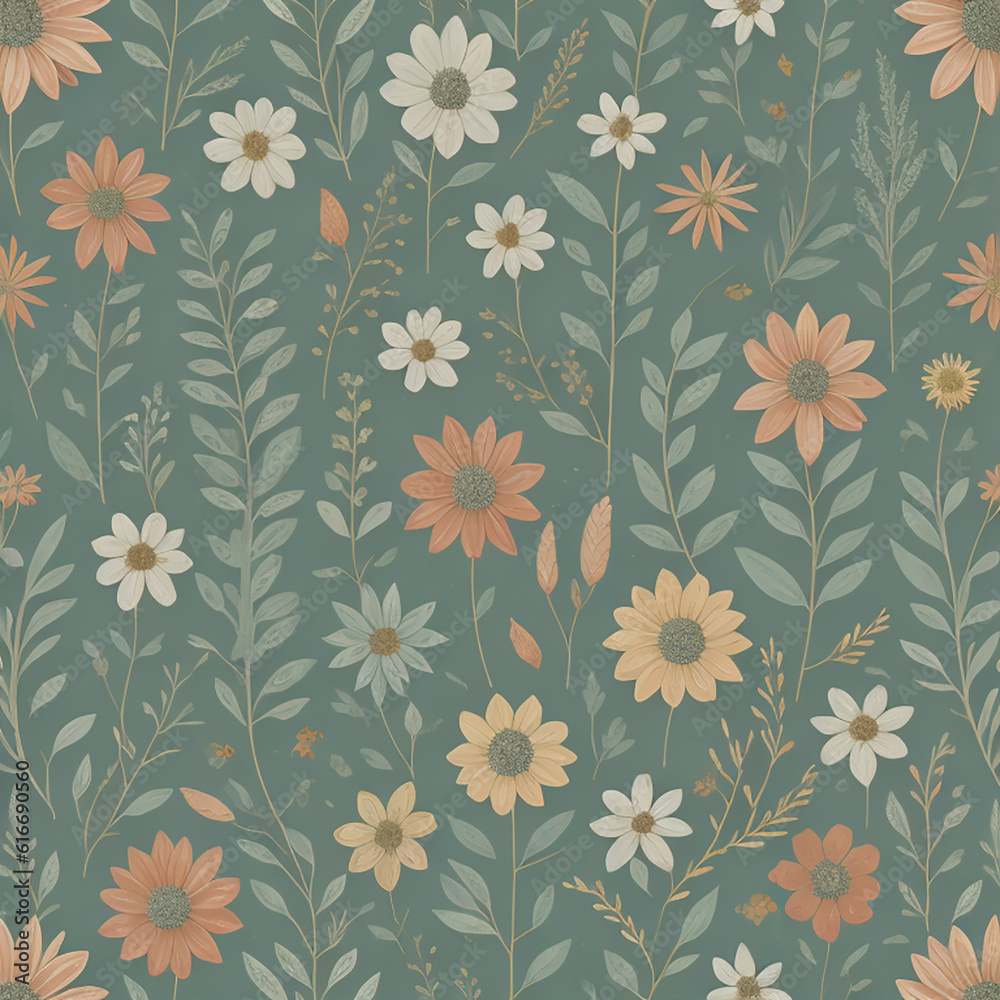 seamless floral pattern inspired by a summer meadow, filled with wildflowers of various shapes and colors