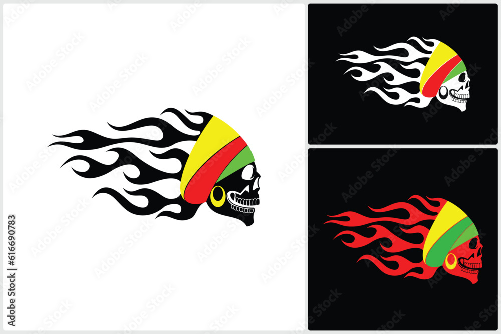 Silhouettes of African Flaming Skulls, Old School Fire with Bandana Scarf Logo Vector Illustration