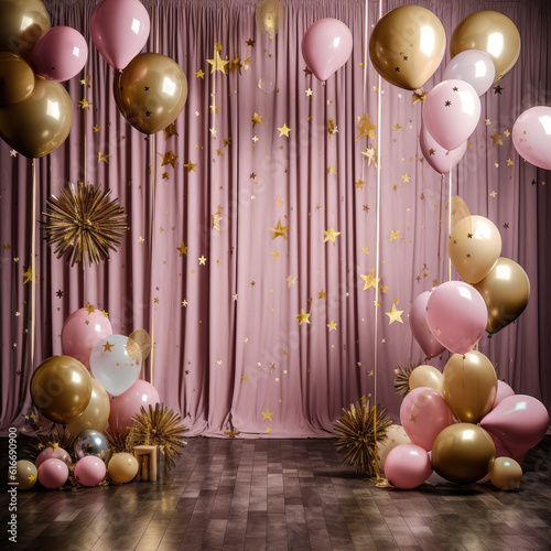 birthday party photo corner interior decoartion with pink, golden, and sequins balloons, gift boxes. Ai generatvie photo