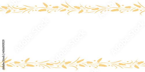 Vector Background, frame made of golden wheat or rye ears in flat style. Horizontal top and bottom edging, border, decoration on theme of bakery products, flour, harvest, thanksgiving