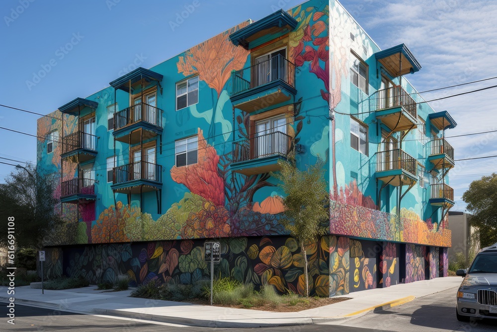 residential building with colorful murals and exterior design accents, created with generative ai