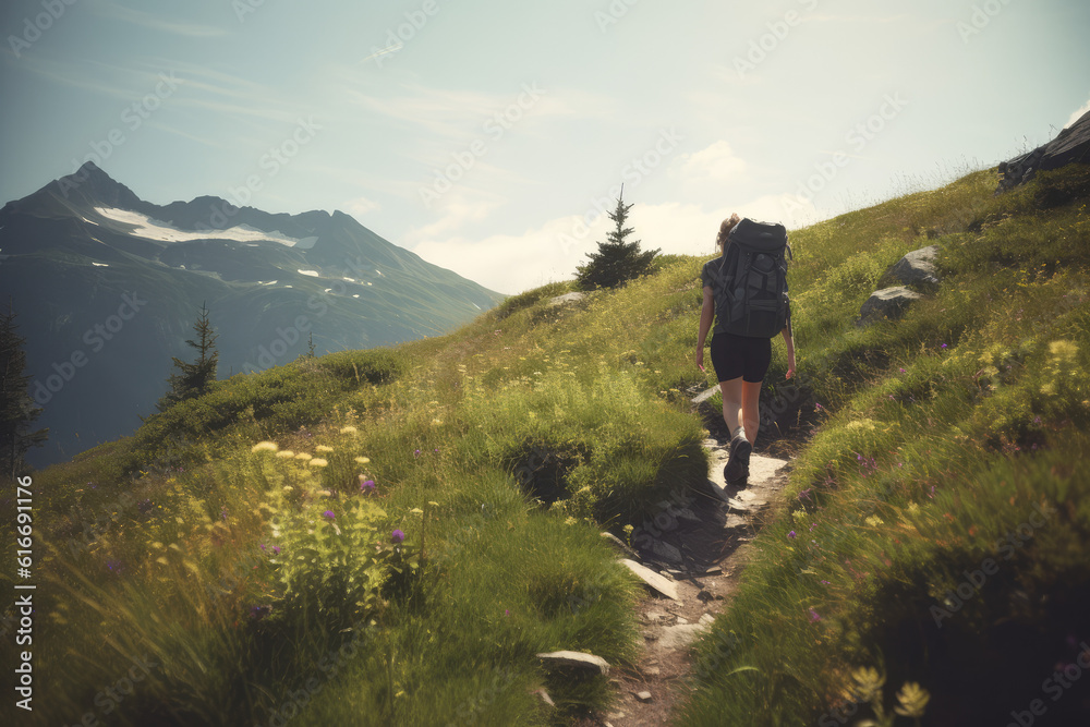 Healthy young  woman hiking with Back packing, enjoying the view from the top of th mountain on a bright sunny day.  AI Generative