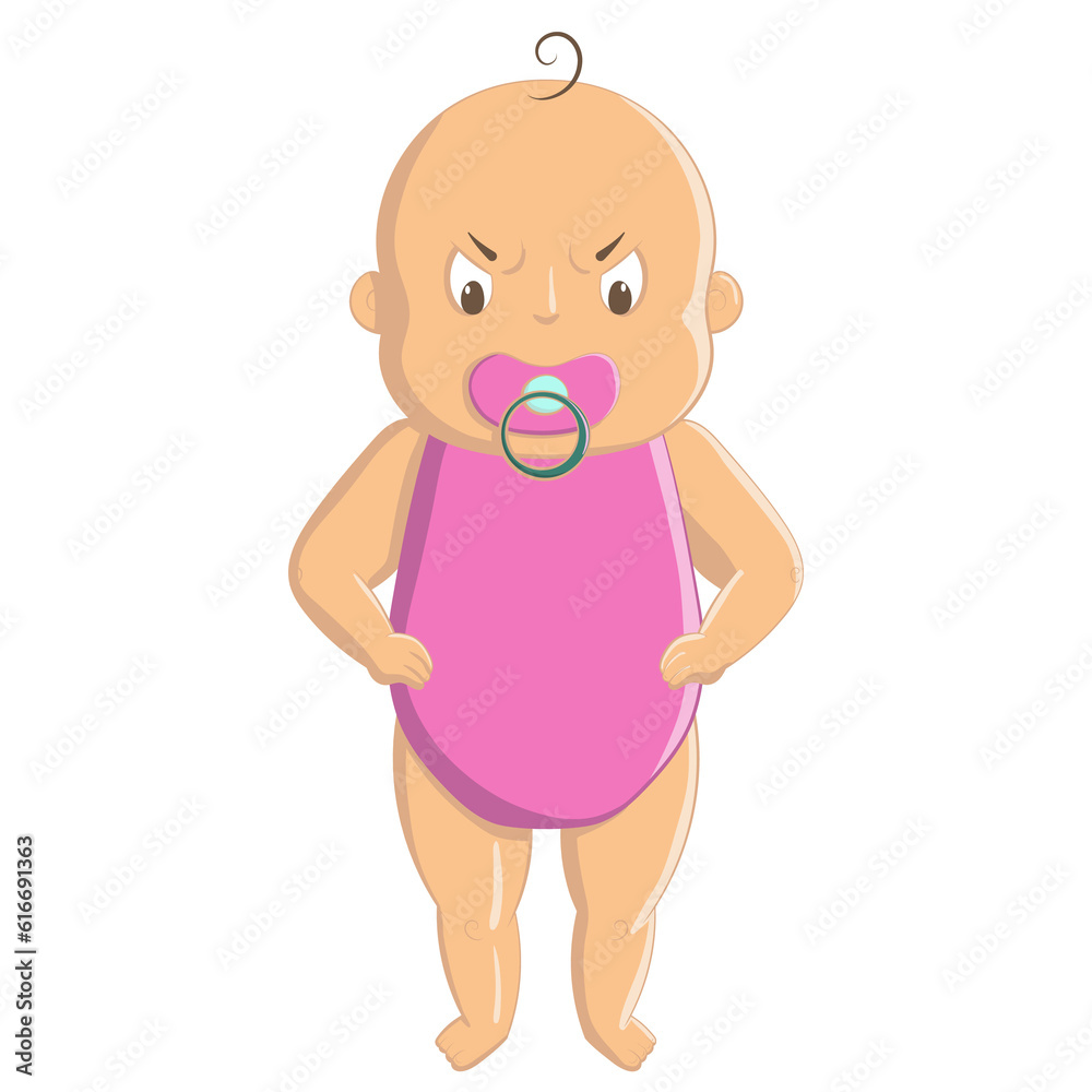 An angry cartoon baby with hands on hips and sucking a pacifier. Illustration on transparent background