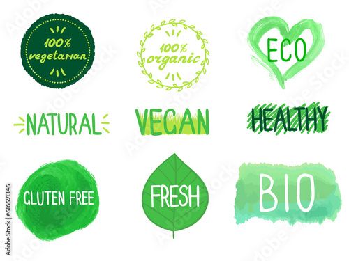 Eco, organic, bio, fresh, natural, vegan, vegetarian, gluten free signs. Tags set for packaging, cafe etc. Illustration on transparent background