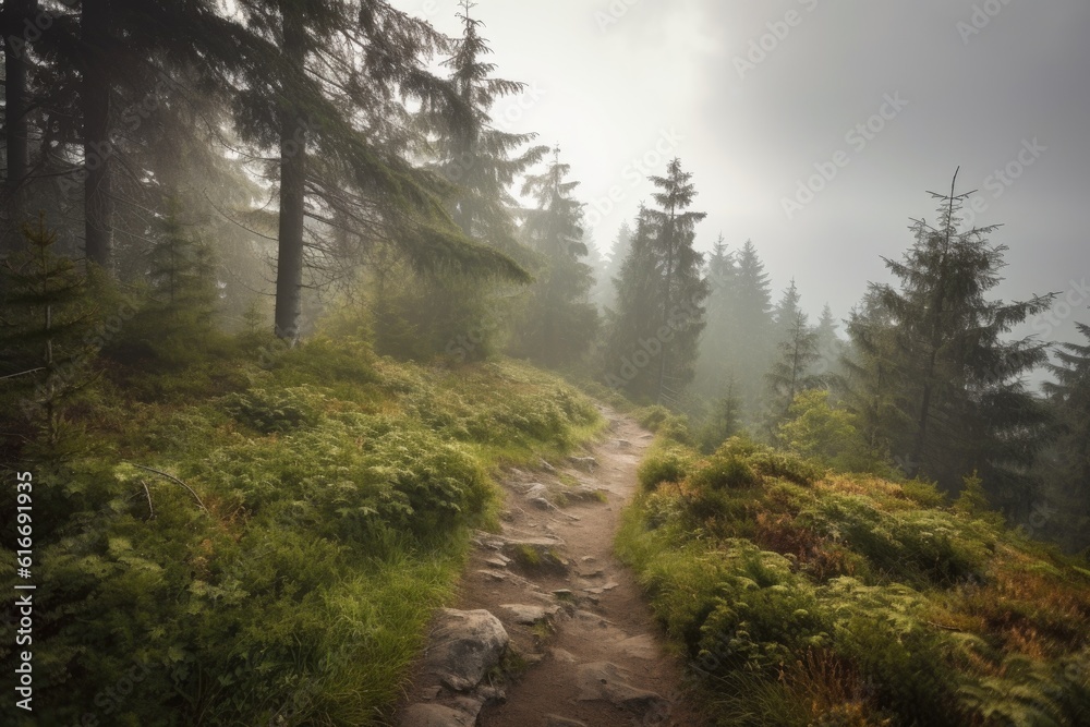 hiking trail with beautiful views of a misty forest, created with generative ai hiking trail with beautiful views of a misty forest, created with generative ai