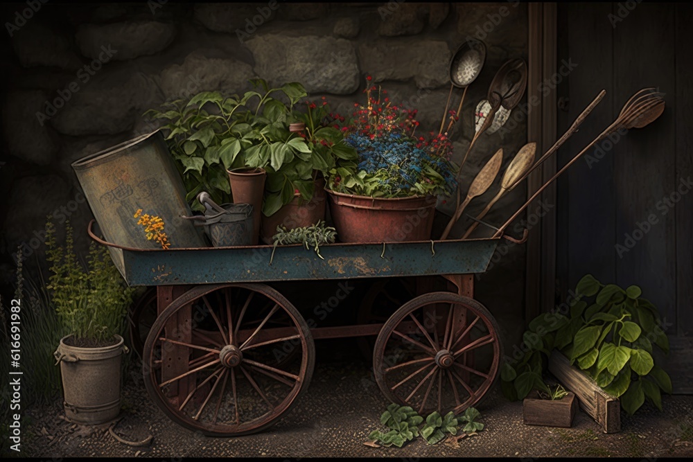 gardening cart with tools, plants, and supplies for tending to the garden, created with generative ai