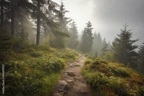 hiking trail with beautiful views of a misty forest, created with generative ai