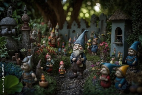 a garden filled with whimsical sculptures, featuring gnomes and other creatures, created with generative ai