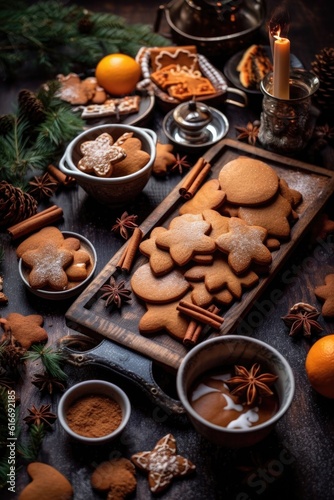 gingerbread cookies and holiday spices on a table, created with generative ai
