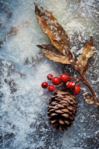 close-up of a pinecone and holly berries on a snowy surface, created with generative ai